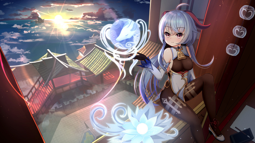 1girl ahoge architecture bangs bare_shoulders bell black_gloves black_legwear blue_hair blush breasts building cloud detached_sleeves east_asian_architecture eyebrows_visible_through_hair ganyu_(genshin_impact) genshin_impact gloves gold_trim gradient_sky high_heels horizon horns light_smile long_hair looking_at_viewer medium_breasts nc731 neck_bell ocean orb pantyhose purple_eyes qilin_(mythology) scenery sidelocks sitting sky solo sun sunrise thighlet thighs white_sleeves