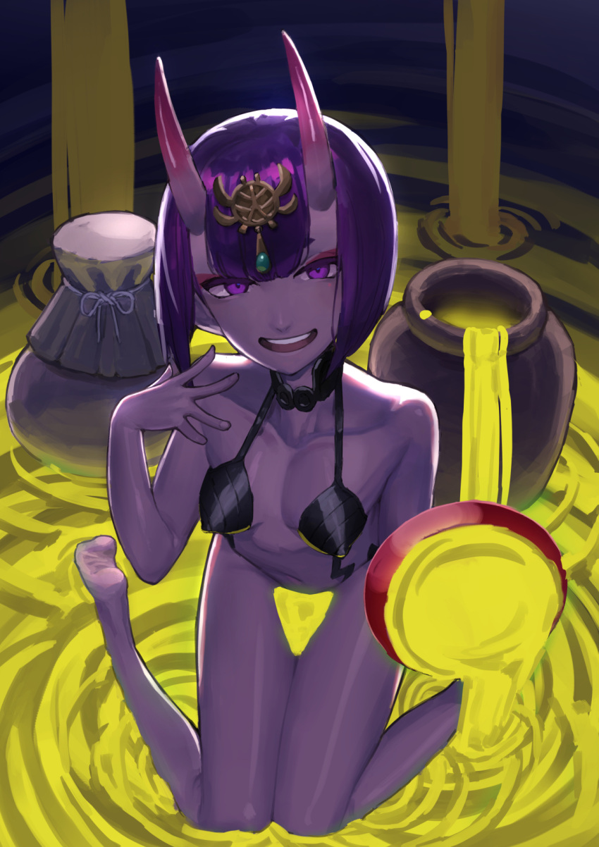 1girl bare_shoulders barefoot collarbone colored_skin covered_nipples cup eric_ueda eyeshadow fate_(series) gem gradient gradient_horns green_gemstone highres holding holding_cup horns liquid looking_at_viewer makeup multicolored_horns navel oni oni_horns open_mouth pot purple_eyes purple_hair purple_skin red_eyeshadow ripples sakazuki short_hair shuten_douji_(fate) sitting skin-covered_horns smile solo teeth upper_teeth wariza