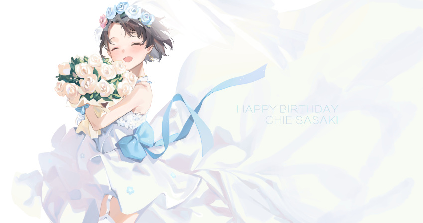 1girl :d absurdres bangs bare_arms bare_shoulders blue_bow blue_flower blue_ribbon blue_rose blush bouquet bow brown_hair closed_eyes djheycha dress earrings flower garter_straps gloves head_wreath highres holding holding_bouquet idolmaster idolmaster_cinderella_girls jewelry pink_nose ribbon rose sasaki_chie short_hair smile solo thighhighs veil wedding_dress white_dress white_flower white_gloves white_legwear white_rose