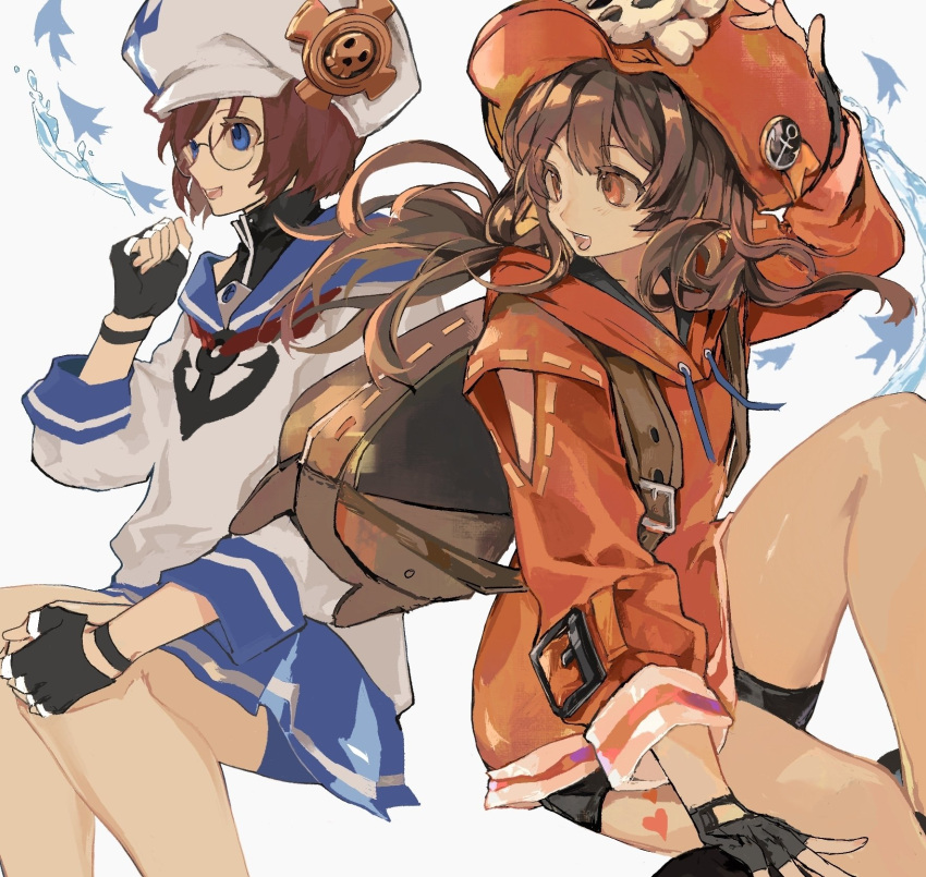 2girls anchor_ornament april_(guilty_gear) backpack bag bangs blue_eyes brown_eyes brown_hair collarbone fingerless_gloves fish found_modori glasses gloves guilty_gear guilty_gear_strive hat heart heart_tattoo highres invisible_chair long_sleeves looking_away may_(guilty_gear) multiple_girls short_hair simple_background sitting skirt skull_and_crossbones tattoo thighs water white_background