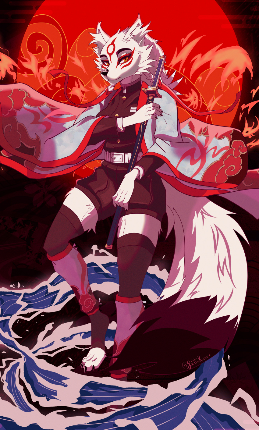 2021 absurd_res amaterasu anthro canid canine canis capcom clothed clothing deity facial_markings female fire fur head_markings hi_res katana mammal markings melee_weapon pigtails potatokamaos signature solo sword video_games water weapon white_body white_fur wolf ōkami