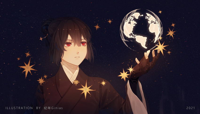 1girl artist_name black_gloves black_hair black_kimono dated di_qiu_wang_shi earth_(planet) fingerless_gloves ginias gloves hand_up highres japanese_clothes kimono planet red_eyes serious solo sophon star_(sky) upper_body