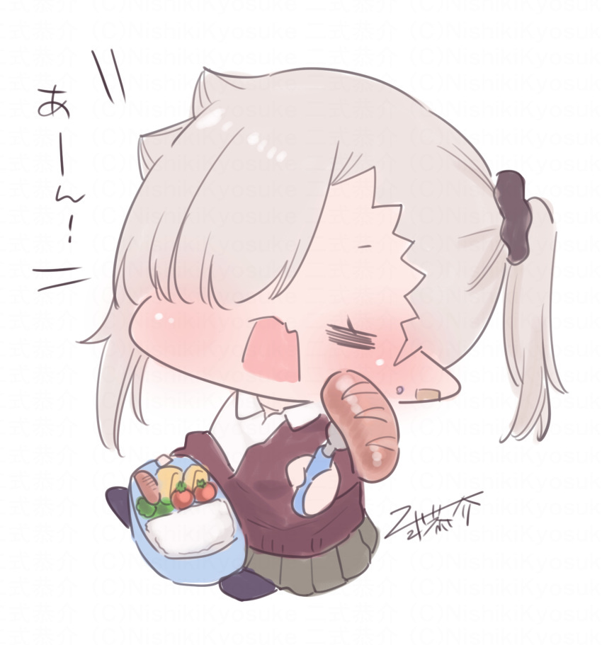 1girl =_= bento black_legwear black_scrunchie blush brown_cardigan cardigan cherry_tomato chibi closed_eyes collared_shirt facing_viewer fang food fork green_skirt grey_hair hair_ornament hair_scrunchie highres holding holding_fork ishikawa_luna nikki_kyousuke off_shoulder omelet open_mouth original pantyhose pleated_skirt sausage scrunchie shirt side_ponytail simple_background sitting skirt solo tamagoyaki tomato translation_request white_background white_shirt