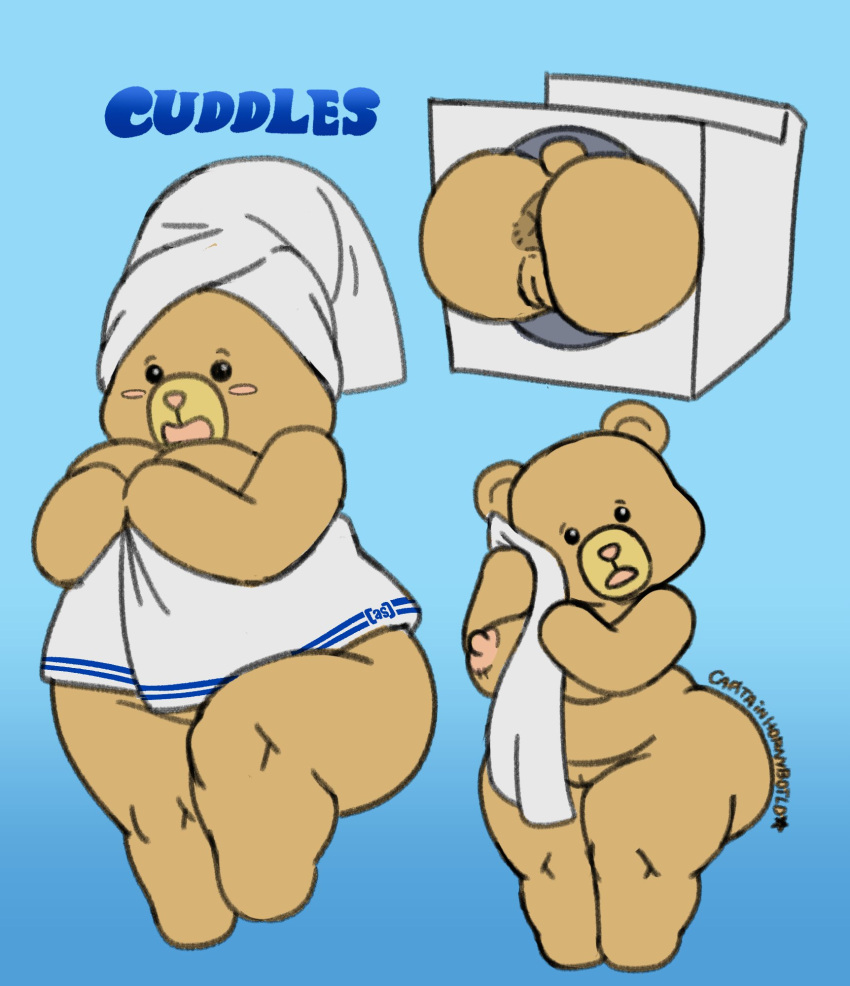 adult_swim animate_inanimate anthro anus appliance areola beady_eyes big_breasts big_butt black_eyes blue_background blush breasts brown_body brown_fur butt captainhornybotld cartoon_network covering covering_self cuddles_(robot_chicken) doll embarrassed featureless_feet featureless_hands female fur genitals hi_res huge_butt living_doll living_plushie living_toy looking_at_viewer nipples nude pink_areola pink_nipples pink_nose plushie pussy robot_chicken short_stack simple_background slightly_chubby solo stuck text thick_thighs towel towel_on_head towel_only washing_machine wide_hips
