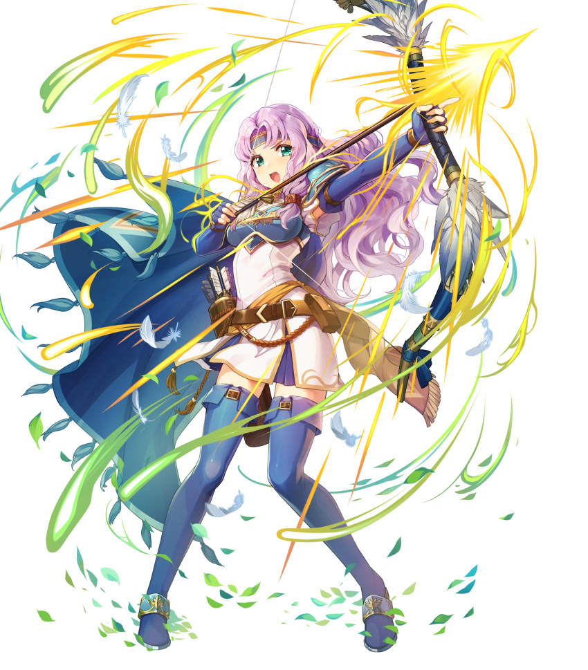 1girl aqua_eyes armor arrow_(projectile) bangs belt blue_cape blue_footwear blue_gloves boots bow_(weapon) breastplate cape chachie dress elbow_gloves feathers fingerless_gloves fire_emblem fire_emblem:_the_blazing_blade fire_emblem_heroes florina_(fire_emblem) full_body gloves hair_ornament headband highres holding holding_bow_(weapon) holding_weapon leaf long_hair looking_at_viewer looking_away non-web_source official_art open_mouth purple_hair quiver shiny shiny_hair short_dress short_sleeves shoulder_armor skirt smile solo standing thigh_boots transparent_background weapon white_dress wind zettai_ryouiki