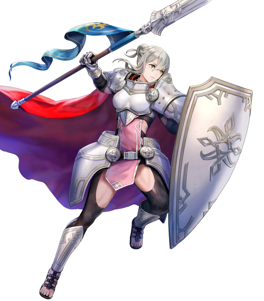 1girl alternate_costume armor asatani_tomoyo bangs bodysuit bodysuit_under_clothes breastplate cape dress effie_(fire_emblem) fire_emblem fire_emblem_fates fire_emblem_heroes full_body gauntlets green_eyes grey_hair hair_bun highres holding non-web_source official_art pelvic_curtain red_cape sandals shield shiny shiny_hair short_dress shoulder_armor single_hair_bun solo toeless_footwear toes transparent_background