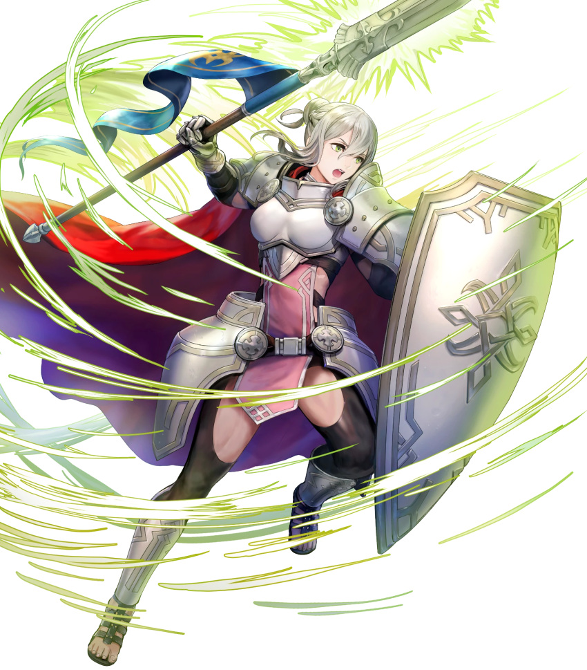 1girl alternate_costume armor asatani_tomoyo bangs bodysuit bodysuit_under_clothes breastplate cape dress effie_(fire_emblem) fire_emblem fire_emblem_fates fire_emblem_heroes full_body gauntlets green_eyes grey_hair hair_bun highres holding non-web_source official_art pelvic_curtain red_cape sandals shield shiny shiny_hair short_dress shoulder_armor single_hair_bun solo toeless_footwear toes transparent_background