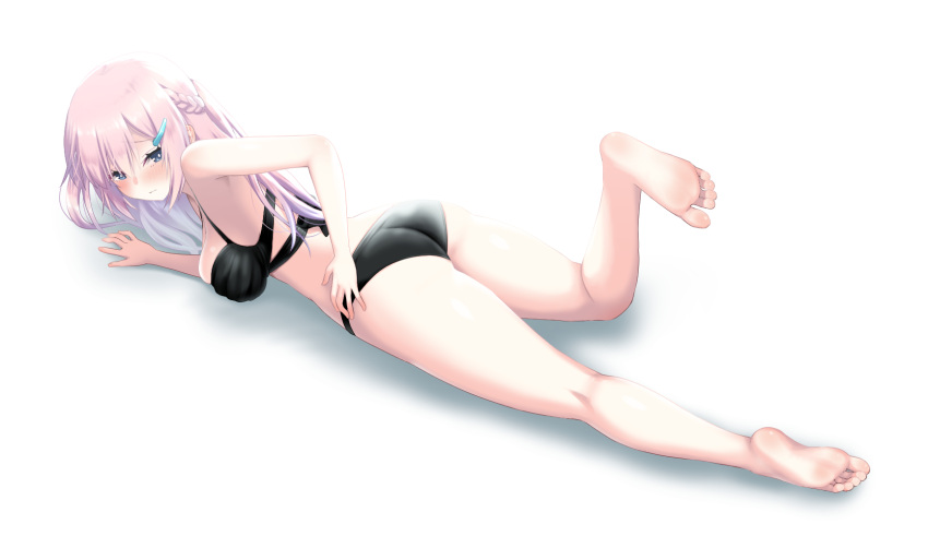 1girl anklet bare_arms bare_back bare_legs bare_shoulders barefoot bikini black_bikini feet feet_up full_body hair_ornament hairclip highres jewelry legs legs_up long_hair looking_at_viewer looking_back original pink_hair saki_chisuzu soles solo swimsuit toes