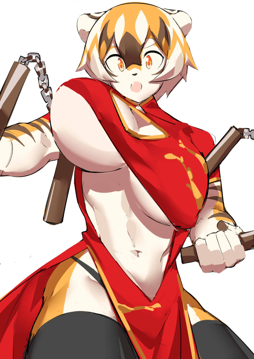 5_fingers absurd_res anthro arknights big_breasts breasts cleavage clothed clothing digital_media_(artwork) felid female fingers fur hair hi_res holding_object holding_weapon huge_breasts hypergryph legwear looking_at_viewer mammal melee_weapon midriff multicolored_body multicolored_fur mx99926 navel nunchacku open_mouth pantherine panties simple_background solo standing stockings studio_montagne tiger tongue topwear underwear video_games waaifu_(arknights) weapon white_body white_fur