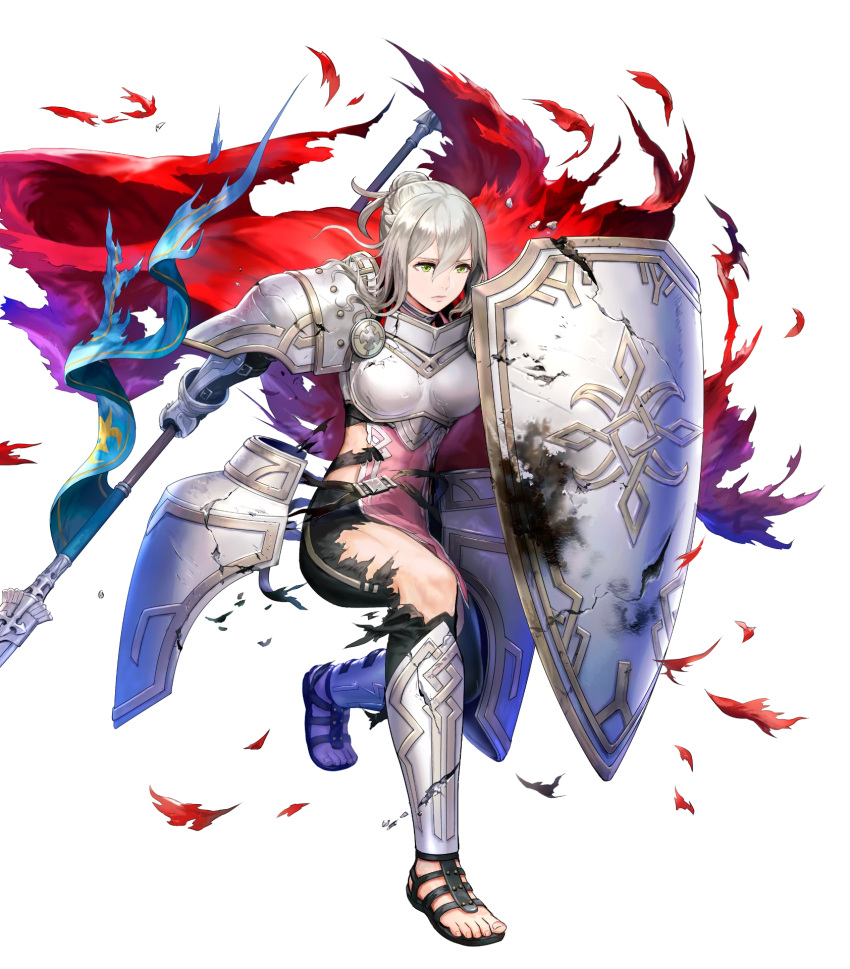 1girl alternate_costume armor asatani_tomoyo bangs bodysuit bodysuit_under_clothes breastplate cape dress effie_(fire_emblem) fire_emblem fire_emblem_fates fire_emblem_heroes full_body gauntlets green_eyes grey_hair hair_bun highres holding non-web_source official_art pelvic_curtain red_cape sandals shield shiny shiny_hair short_dress shoulder_armor single_hair_bun solo toeless_footwear toes transparent_background