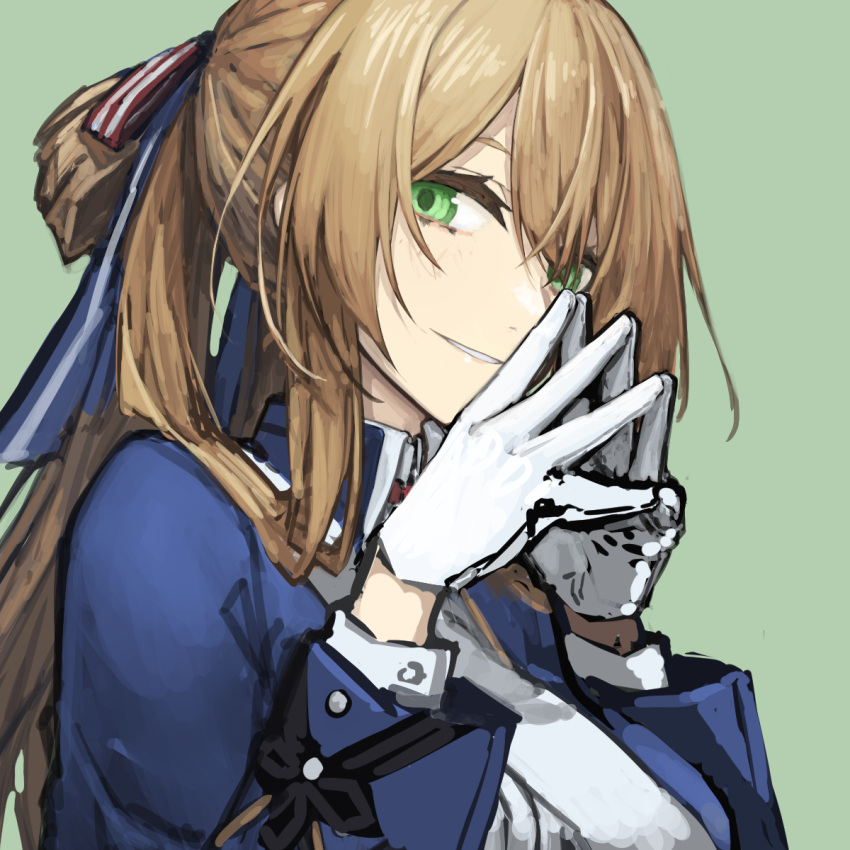 1girl bangs banned_artist blue_jacket breasts girls'_frontline gloves green_background green_eyes hair_between_eyes hair_ribbon hair_rings highres jacket long_hair long_sleeves looking_at_viewer mikoto_(oi_plus) parted_lips ponytail ribbon simple_background solo springfield_(girls'_frontline) steepled_fingers upper_body white_gloves