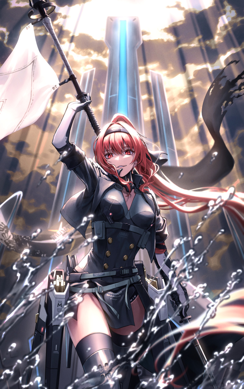 1girl bangs belt black_dress black_hairband black_jacket black_legwear breasts cropped_jacket dress elbow_gloves flag floating_hair gloves greenkohgen hairband highres holding holding_flag holding_sword holding_weapon jacket katana knees_up light_rays long_hair looking_at_viewer medium_breasts open_clothes open_jacket parted_lips pelvic_curtain punishing:_gray_raven red_eyes red_hair short_dress sleeves_rolled_up solo sword thighhighs thighs vera_(punishing:_gray_raven) very_long_hair weapon zettai_ryouiki