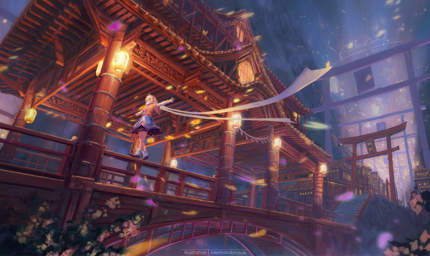 aerial_fireworks ahoge arch architecture arm_warmers artist_name balancing black_footwear black_skirt blonde_hair blue_skirt bridge building chireiden city east_asian_architecture falling_petals fireworks flower former_capital green_eyes highres house lantern layered_skirt long_scarf looking_at_viewer merlimambrosuis mizuhashi_parsee outstretched_arms paper_lantern petals plant railing rope scarf scenery shide shimenawa shirt shoes short_hair signature skirt socks stairs torii touhou translated underground white_flower white_legwear white_scarf wide_shot yellow_shirt