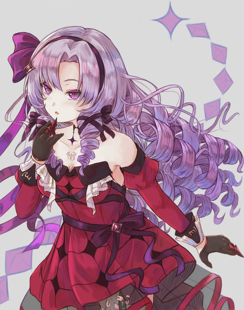 1girl bangs bare_shoulders black_gloves breasts cleavage collarbone commentary detached_sleeves dress drill_hair english_commentary gloves grey_background hand_up highres hikari_niji hyakumantenbara_salome juliet_sleeves long_hair long_sleeves medium_breasts nijisanji parted_bangs parted_lips puffy_sleeves purple_eyes purple_hair red_dress red_sleeves see-through simple_background solo strapless strapless_dress very_long_hair virtual_youtuber