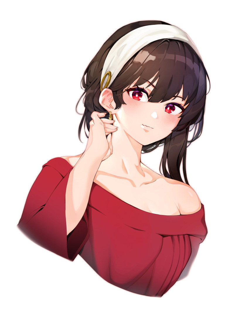 1girl absurdres bangs bare_shoulders black_hair blush breasts closed_mouth collarbone cropped_torso eyebrows_visible_through_hair hair_behind_ear hair_between_eyes hairband highres jewelry light_smile long_hair looking_at_viewer off-shoulder_sweater off_shoulder onion_(onion_and_pi-natto) red_eyes simple_background solo spy_x_family sweater upper_body white_background yor_briar