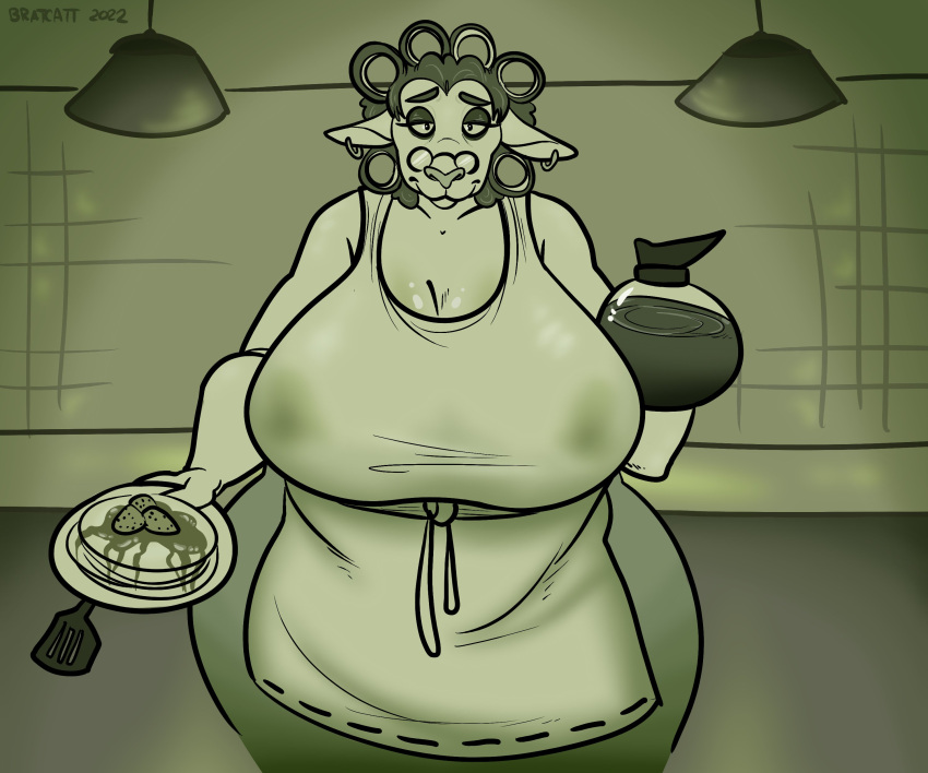 2022 absurd_res anthro apron beverage beware_the_shadowcatcher big_breasts bottomwear bovid bratcatt breasts caprine chubby_anthro chubby_female clothing coffee curlers curvy_figure denim denim_clothing ear_piercing ear_ring eyewear female food glasses grey_background greyscale half-closed_eyes hi_res huge_breasts jeans kettle lamp looking_at_viewer mammal mature_anthro mature_female maude_(bts) monochrome narrowed_eyes nipple_outline pancake pants piercing plate sheep shirt simple_background slightly_chubby smile solo spatula thick_thighs tight_clothing tools topwear voluptuous wide_hips