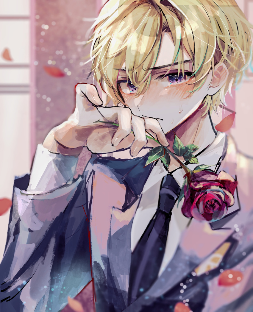 1boy bishounen blazer blonde_hair blurry blush collared_shirt depth_of_field falling_petals flower highres holding holding_flower jacket male_focus necktie ouran_high_school_host_club ouran_high_school_uniform petals purple_eyes purple_jacket rose school_uniform shirt solo suou_tamaki u-sama_(u_summer0719) upper_body white_shirt window