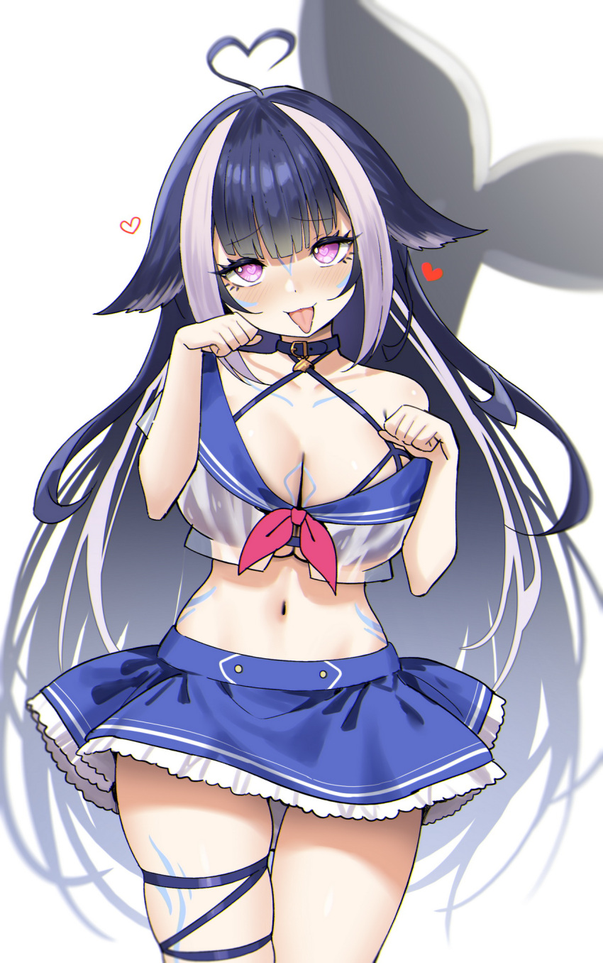 1girl ahoge bare_shoulders bikini bikini_under_clothes black_choker blue_hair blue_skirt breasts cetacean_tail choker cleavage cowboy_shot criss-cross_halter crop_top crop_top_overhang facial_mark halterneck hands_up heart heart-shaped_pupils heart_ahoge highres indie_virtual_youtuber large_breasts long_hair looking_at_viewer midriff miniskirt multicolored_hair naughty_face navel off_shoulder paw_pose pink_eyes sailor_collar school_uniform see-through serafuku shirt shylily skindentation skirt sky-freedom smile solo standing stomach string_bikini swimsuit symbol-shaped_pupils thigh_strap thighs tongue tongue_out two-tone_hair underboob very_long_hair white_shirt