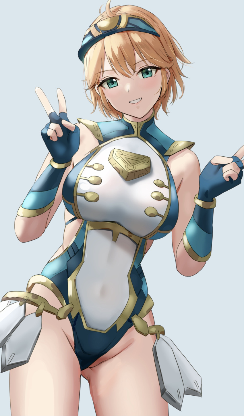 1girl absurdres blonde_hair blush breasts cleavage cyborg double_v fiora_(xenoblade) gloves green_eyes highres large_breasts leotard looking_at_viewer mecha-fiora short_hair simple_background smile solo spoilers thighs thrananaart v xenoblade_chronicles xenoblade_chronicles_(series)