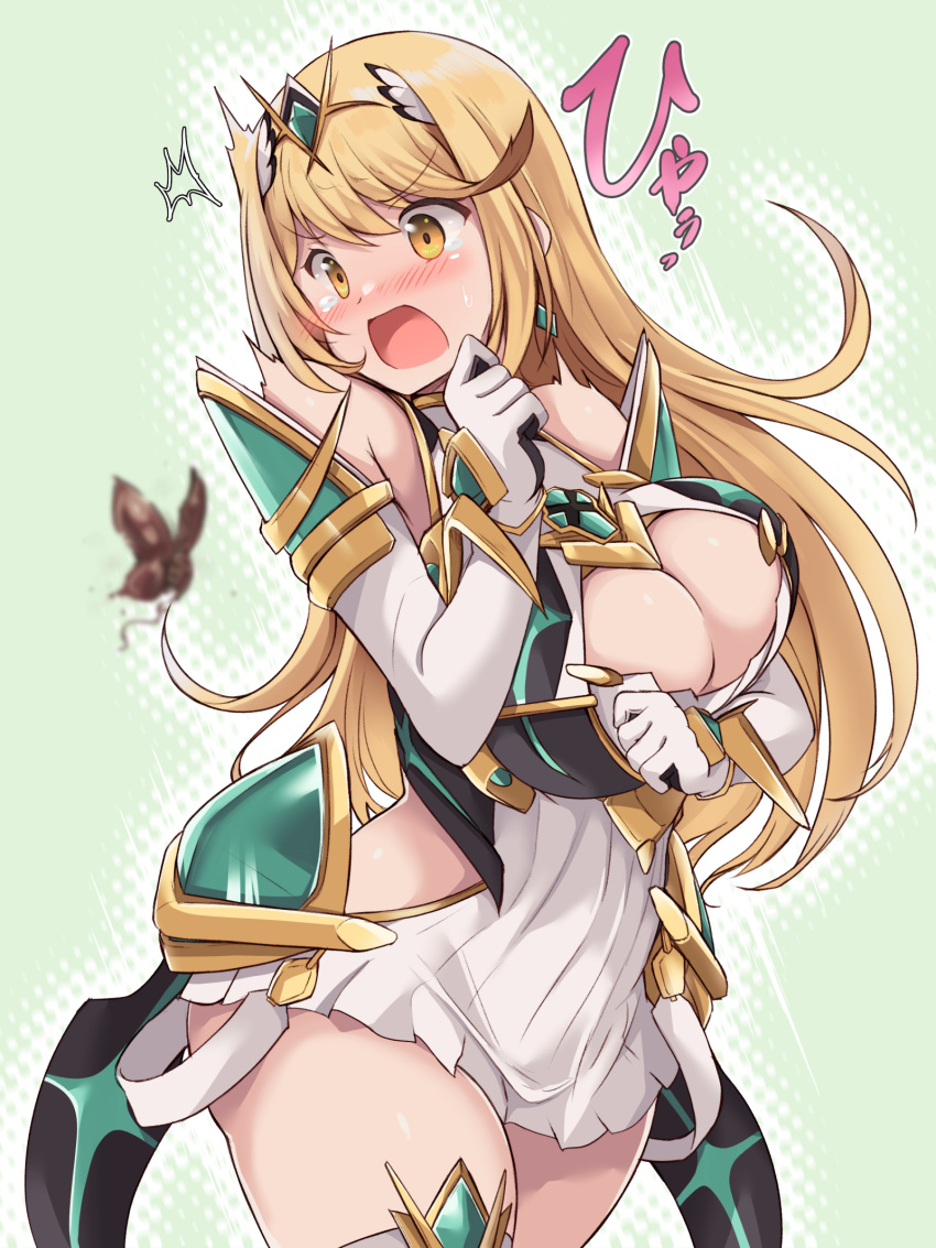 1girl bangs bare_legs bare_shoulders blonde_hair breasts chest_jewel cleavage cleavage_cutout clothing_cutout dress earrings elbow_gloves gloves highres jewelry kurokaze_no_sora large_breasts long_hair mythra_(xenoblade) short_dress solo swept_bangs thigh_strap tiara very_long_hair white_dress white_gloves xenoblade_chronicles_(series) xenoblade_chronicles_2 yellow_eyes