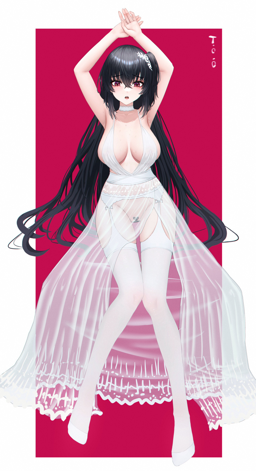 1girl absurdres armpits arms_up azur_lane bangs black_hair black_pubic_hair border breasts choker cleavage commentary_request dress feet female_pubic_hair full_body hair_between_eyes hair_ornament halter_dress halterneck heart-shaped_pubic_hair highres knees_together_feet_apart large_breasts long_dress long_hair no_panties no_shoes one_side_up outside_border pubic_hair red_background red_eyes see-through see-through_dress simple_background solo sweat taihou_(azur_lane) thigh_gap thighhighs thighs too_(totoo) very_long_hair white_border white_choker white_dress white_garter_belt white_legwear