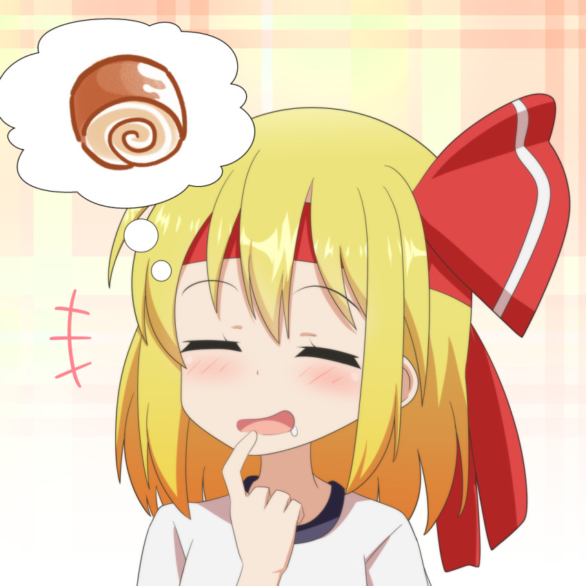 +++ 1girl alternate_costume blonde_hair blush cato_(monocatienus) closed_eyes drooling finger_to_mouth food food_on_face headband highres imagining open_mouth plaid plaid_background rice rumia saliva shirt simple_background solo thought_bubble touhou upper_body white_shirt