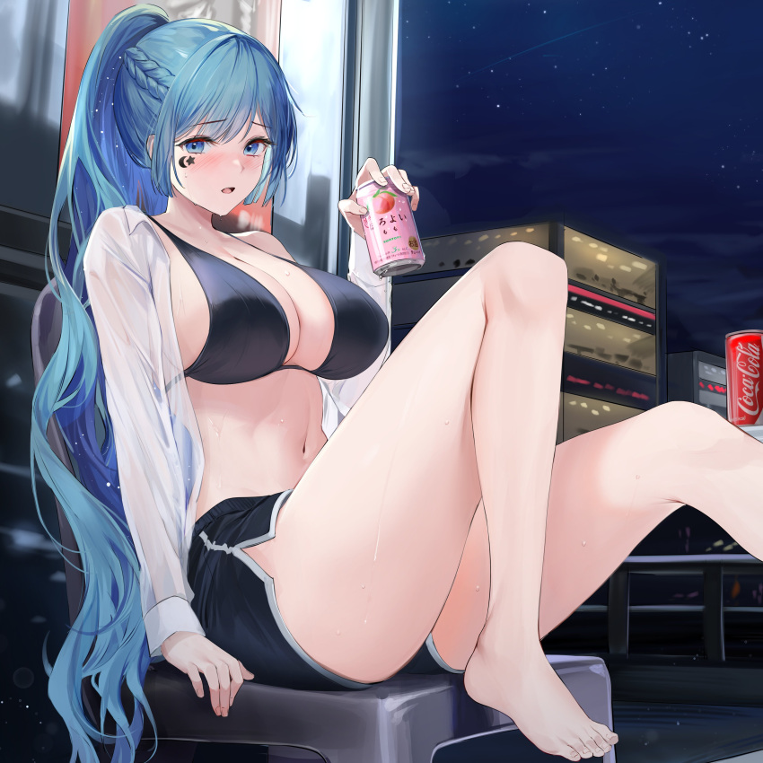 1girl absurdres barefoot bikini bikini_top_only blue_eyes blue_hair blush breasts building can chair coca-cola drink eyebrows_visible_through_hair facial_mark feet food foot_out_of_frame fruit highres korean_commentary large_breasts legs lillly long_hair looking_at_viewer navel night night_sky open_clothes open_mouth open_shirt original outdoors peach ponytail railing raised_eyebrows see-through shirt short_shorts shorts sitting sky solo star_(sky) starry_sky stomach suntory sweat swimsuit thighs toes white_shirt