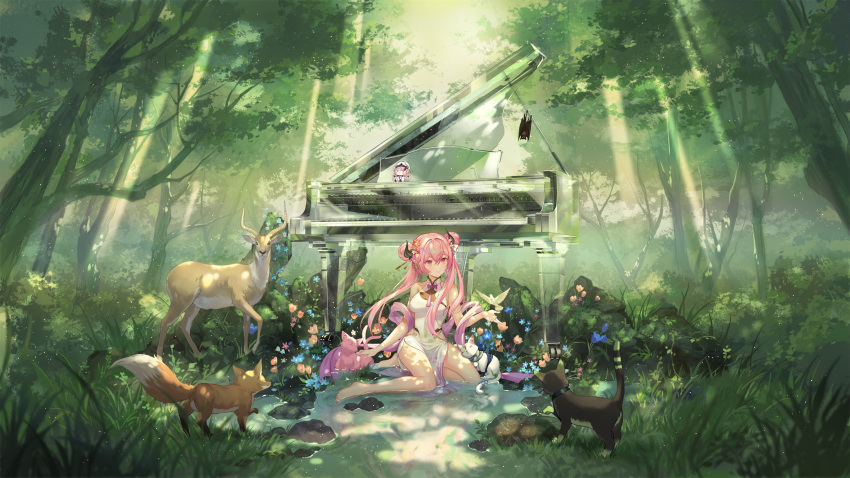 1girl absurdres bare_arms bare_legs bare_shoulders barefoot bat bird blush breasts cat china_dress chinese_clothes closed_mouth copyright_request criin day deer double_bun dress flower forest fox full_body grass hair_bun hair_flower hair_ornament highres horns instrument long_hair looking_at_animal medium_breasts nature outdoors petting piano pink_eyes pink_hair red_flower sleeveless sleeveless_dress smile solo tree twintails very_long_hair white_dress