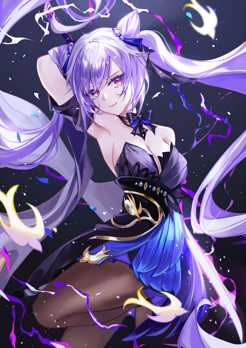 1girl arm_behind_back arm_behind_head armpits bangs bare_shoulders black_dress black_legwear bow breasts cleavage closed_mouth cone_hair_bun double_bun dress genshin_impact hair_bun hair_ornament highres keqing_(genshin_impact) keqing_(opulent_splendor)_(genshin_impact) long_hair looking_at_viewer medium_breasts official_alternate_costume pantyhose perspective purple_eyes purple_hair smile solo strapless strapless_dress twintails vardan