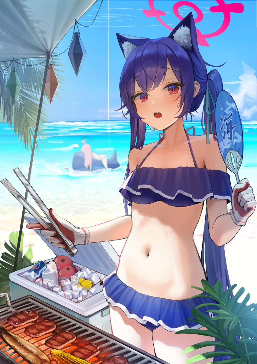 2girls absurdres animal_ear_fluff animal_ears bangs bare_arms bare_shoulders beach bikini blue_archive blue_bikini blue_hair blue_sky blush breasts can cat_ears cat_girl cloud collarbone cooking cooler corn cowboy_shot day dong_ji drinking_straw extra_ears eyebrows_visible_through_hair fish food frilled_bikini frills fruit gloves grill grilling halo halterneck hand_fan highres holding hoshino_(blue_archive) ice ice_cube leaf lemon long_hair looking_at_viewer lying meat medium_breasts midriff multiple_girls navel ocean off-shoulder_bikini off_shoulder on_stomach open_mouth outdoors paper_fan purple_hair red_eyes revision sand serika_(blue_archive) sidelocks sky soda_can solo_focus standing stomach sweat swimsuit thighs tongs twintails umbrella very_long_hair water white_gloves