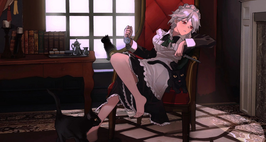 1girl apron ascot barefoot black_cat black_dress book bow braid candlestand carpet cat chinese_commentary commentary creamer_(vessel) curtains dress fireplace frilled_dress frills frown full_body green_ascot green_bow grey_hair hair_bow highres holding holding_knife holding_pocket_watch indoors izayoi_sakuya knife long_hair long_sleeves looking_to_the_side maid_apron maid_headdress on_chair parted_lips pocket_watch red_eyes sitting sleeve_cuffs solo teapot touhou tray tsurime twin_braids watch white_apron window yunnio