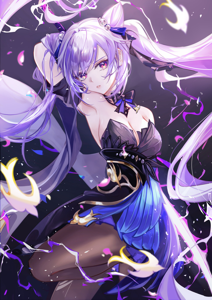 1girl absurdres arm_behind_back arm_behind_head armpits bangs bare_shoulders black_dress black_legwear bow breasts cleavage closed_mouth cone_hair_bun double_bun dress genshin_impact hair_bun hair_ornament highres keqing_(genshin_impact) keqing_(opulent_splendor)_(genshin_impact) long_hair looking_at_viewer medium_breasts official_alternate_costume pantyhose perspective purple_eyes purple_hair serious solo strapless strapless_dress twintails vardan