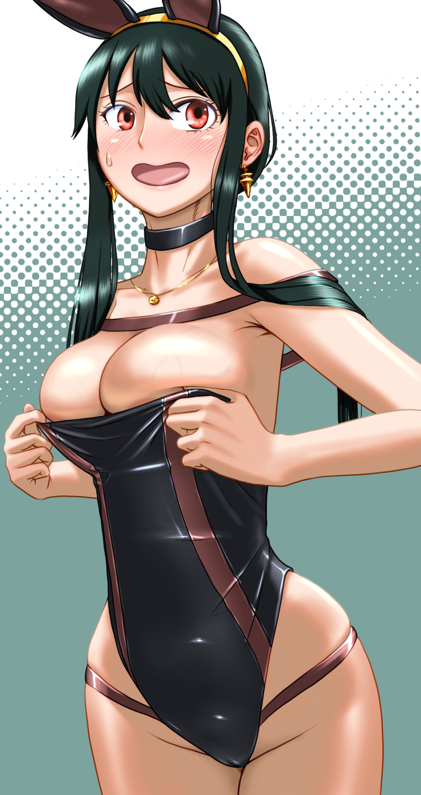 1girl alternate_costume bangs bare_shoulders black_choker black_hair black_leotard blush breasts choker ear_blush earrings embarrassed furrowed_brow gold_earrings gold_hairband gold_necklace green_background groin hadairo_rainbow highres jewelry large_breasts leotard leotard_tug long_hair looking_to_the_side looking_up open_mouth playboy_bunny raised_eyebrows red_eyes short_hair_with_long_locks sidelocks skindentation solo spy_x_family strapless strapless_leotard sweatdrop thighs wide_hips yor_briar