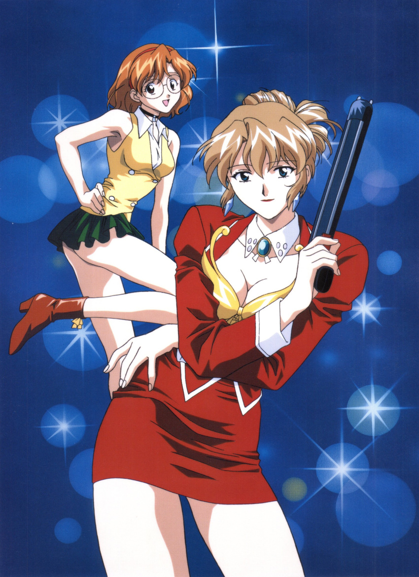 1990s_(style) 2girls absurdres agent_aika aida_rion aika_(series) arm_up bare_arms bare_shoulders blue_eyes boots breasts brooch brown_eyes bustier cleavage collar detached_collar earrings eyebrows_visible_through_hair fingernails folded_ponytail glasses green_skirt gun hairband highres holding holding_gun holding_weapon jacket jewelry lipstick long_hair long_sleeves looking_at_viewer makeup medium_breasts miniskirt multiple_girls official_art pencil_skirt pleated_skirt red_hairband red_jacket red_lips red_skirt retro_artstyle shirt short_hair simple_background skirt smile standing sumeragi_aika vest weapon white_shirt yamauchi_noriyasu