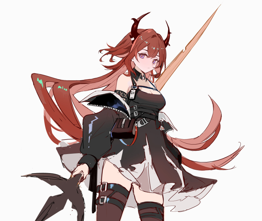 1girl arknights bare_shoulders black_dress black_jacket breasts brown_legwear cleavage closed_mouth cowboy_shot detached_collar dress highres holding holding_sword holding_weapon horns huge_weapon jacket long_hair long_sleeves looking_at_viewer medium_breasts off_shoulder open_clothes open_jacket pouch purple_eyes red_hair rero_(bigdoorbig2) simple_background solo surtr_(arknights) sword thigh_strap underbust very_long_hair weapon white_background zettai_ryouiki