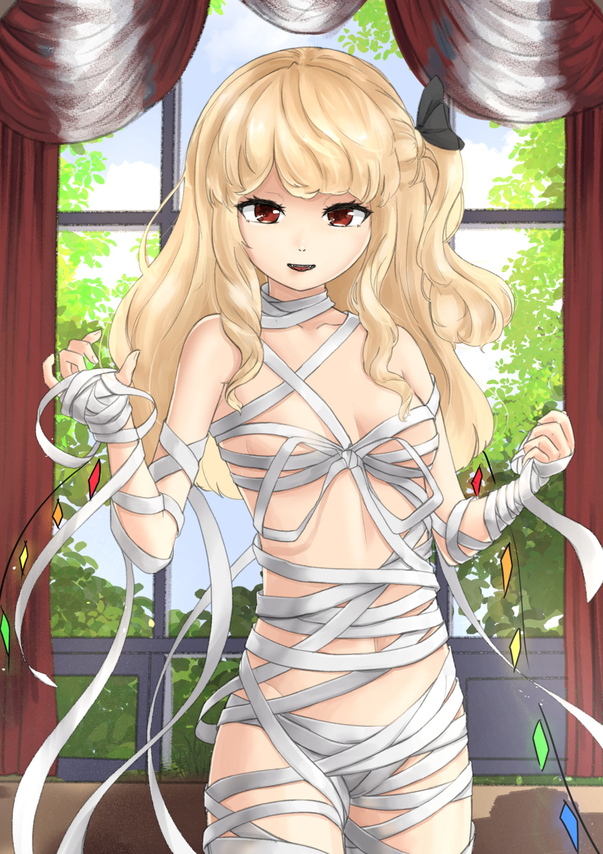 1girl absurdres bandages bangs black_ribbon blonde_hair breasts cleavage collarbone commentary_request cowboy_shot crystal flandre_scarlet hair_ribbon highres indoors long_hair midriff naked_bandage navel one_side_up open_mouth red_eyes revealing_clothes ribbon small_breasts touhou user_gape3888 window wings