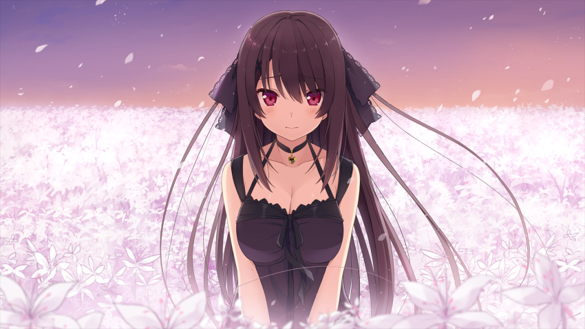 1girl ao_no_kanata_no_four_rhythm bag bare_arms black_bow black_choker black_shirt blush bow breasts brown_hair choker cleavage closed_mouth collarbone day eyebrows_visible_through_hair field flower flower_field hair_between_eyes hair_bow heart heart_choker highres large_breasts long_hair looking_at_viewer outdoors petals red_eyes shiny shiny_hair shirt sleeveless sleeveless_shirt solo suzumori tobisawa_misaki very_long_hair