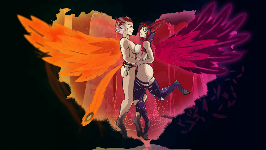 absurd_res breast_squish breasts butt duo female fieryashy hi_res human league_of_legends male male/female mammal nude outside rakan_(lol) riot_games romantic squish video_games wings xayah_(lol)