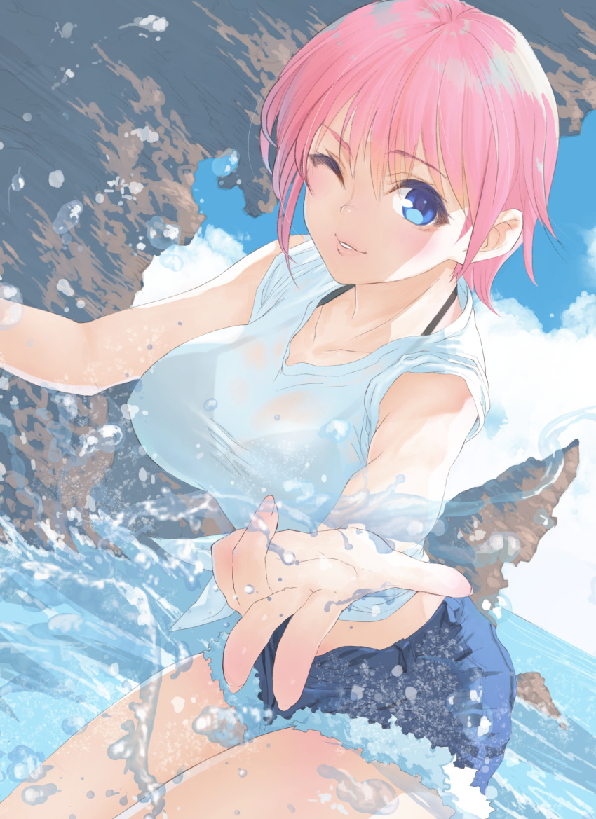 1girl asymmetrical_hair bent_over black_bra blue_eyes bra denim denim_shorts go-toubun_no_hanayome highres hirokiku lips looking_at_viewer nakano_ichika one_eye_closed outdoors parted_lips pink_hair rock see-through see-through_shirt shirt short_hair short_sleeves shorts solo splashing underwear wading water white_shirt