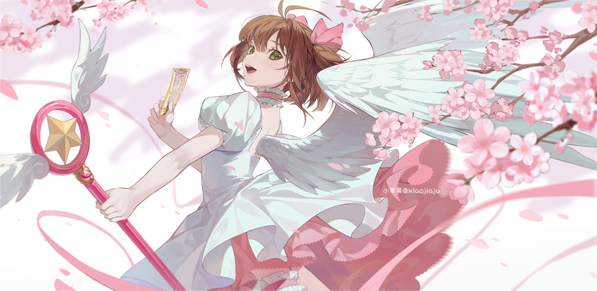 1girl angel_wings bow brown_hair cardcaptor_sakura cherry_blossoms clear_card dress green_eyes hair_bow holding holding_staff kinomoto_sakura looking_at_viewer magical_girl open_mouth pink_bow pink_dress pink_ribbon puffy_short_sleeves puffy_sleeves ribbon short_hair short_sleeves staff thigh_strap white_dress white_wings wings xiaojiaju yume_no_tsue