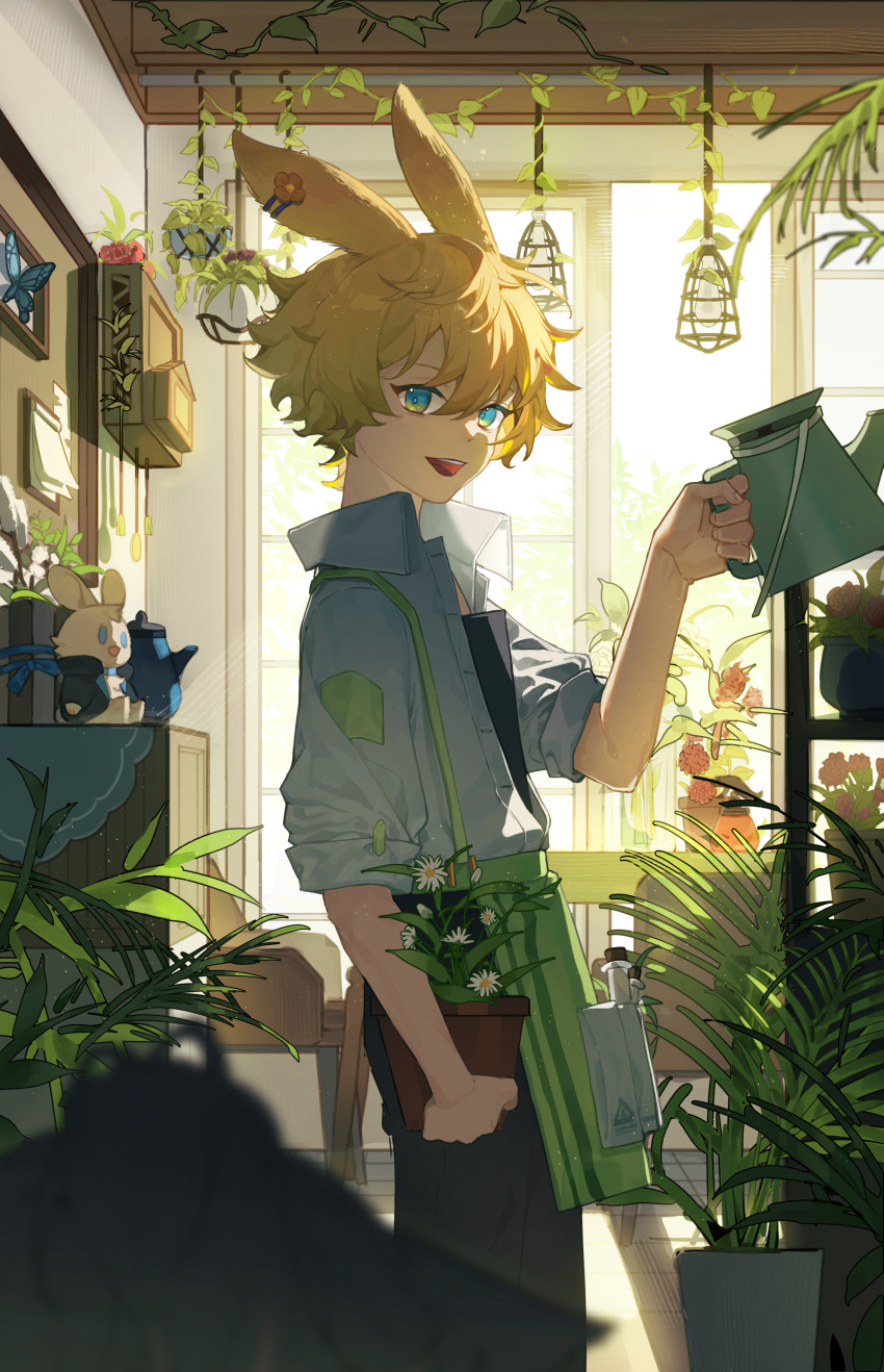 1boy :d absurdres animal_ears apron aqua_eyes arknights black_legwear black_pants blonde_hair bug butterfly clock collared_shirt commentary_request ear_ornament eyebrows_visible_through_hair flower green_apron hair_between_eyes highres holding indoors kettle leonhardt_(arknights) light_bulb male_focus maorongxingqiu open_mouth pants plant potted_plant rabbit_ears shaded_face shadow shelf shirt short_hair sleeves_rolled_up smile solo stuffed_animal stuffed_bunny stuffed_toy teeth towel upper_teeth vines watering_can white_shirt white_sleeves window