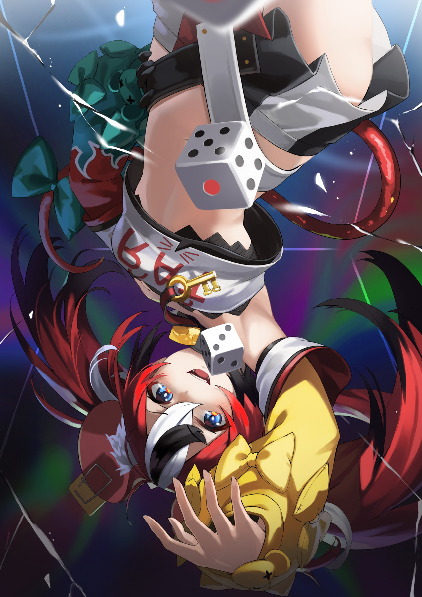 1girl :d absurdres animal_ears arm_up armpits bare_shoulders black_gloves blue_eyes crop_top crop_top_overhang detached_sleeves dice fangs gloves hakos_baelz hand_on_hip highres hololive hololive_english kimyo long_hair long_sleeves looking_at_viewer midriff miniskirt mouse_ears mouse_girl multicolored_hair navel open_mouth pleated_skirt red_hair revealing_clothes shirt single_glove skirt smile solo stomach strapless strapless_shirt thighs twintails two-tone_hair upside-down v-shaped_eyebrows virtual_youtuber white_shirt white_skirt