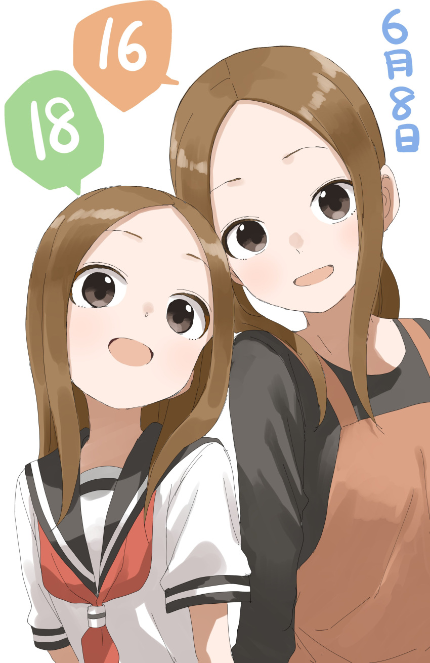 2girls absurdres black_sailor_collar black_shirt brown_hair commentary_request dual_persona forehead highres karakai_jouzu_no_(moto)_takagi-san karakai_jouzu_no_takagi-san looking_at_viewer multiple_girls neckerchief older open_mouth red_neckerchief sailor_collar school_uniform serafuku shirt short_sleeves sidelocks simple_background takagi-san time_paradox upper_body white_background yamamoto_souichirou