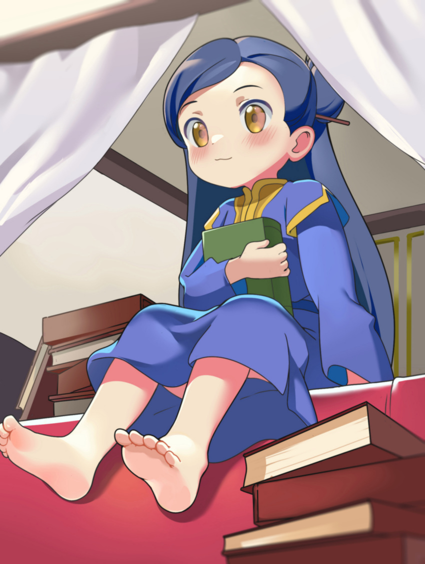 1girl barefoot blue_hair book child female_child highres holding holding_book honzuki_no_gekokujou long_hair maine_(honzuki_no_gekokujou) sakurami_sumi soles solo yellow_eyes