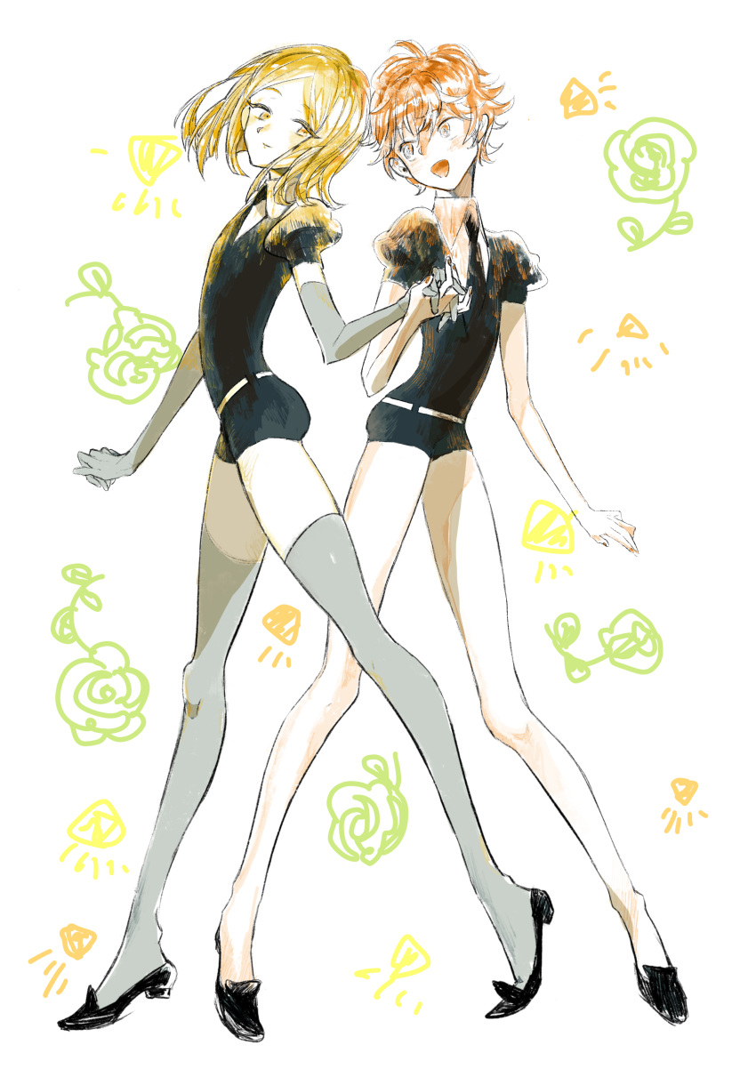 2others absurdres androgynous bangs blonde_hair collared_shirt colored_skin elbow_gloves gloves hair_between_eyes highres holding_hands houseki_no_kuni leaning_forward legs_apart looking_at_another looking_back marino_(oyasumi) multiple_others necktie orange_eyes orange_hair pale_skin parted_bangs puffy_sleeves shirt short_hair short_shorts shorts standing thighhighs wavy_hair white_skin yellow_diamond_(houseki_no_kuni) yellow_eyes zircon_(houseki_no_kuni)