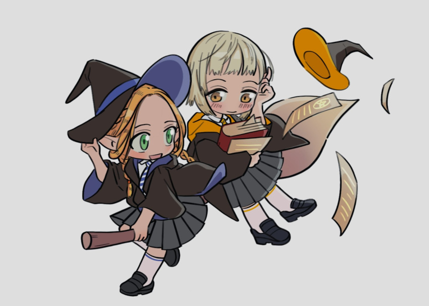 2girls bangs black_footwear black_headwear black_jacket blue_necktie blush book braid broom broom_surfing brown_eyes chibi collared_shirt dungeon_meshi elf falin_thorden full_body grey_background grey_skirt hand_on_headwear hat hat_loss hat_removed headwear_removed highres hogwarts_school_uniform holding holding_book hood hooded_jacket hufflepuff jacket kneehighs loafers long_hair long_sleeves looking_at_another looking_back marcille miniskirt multiple_braids multiple_girls multiple_riders necktie paper pleated_skirt pointy_ears ravenclaw rudnftoqur school_uniform shirt shoes short_hair sidesaddle simple_background skirt smile striped_necktie twintails two-sided_fabric two-sided_headwear two-sided_jacket white_legwear white_shirt wide_sleeves witch_hat yellow_necktie