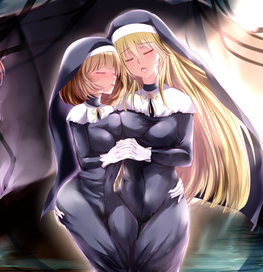 2girls andrew_(duel_angel) bangs blonde_hair blush breast_press breasts brown_hair closed_eyes commentary duel_monster exosister_elis exosister_stella eyebrows_visible_through_hair eyes_visible_through_hair gloves green_eyes hand_on_another's_hip height_difference highres holding_hands large_breasts long_hair looking_at_another medium_breasts multiple_girls nun open_mouth orange_eyes symmetrical_docking white_gloves yu-gi-oh! yuri