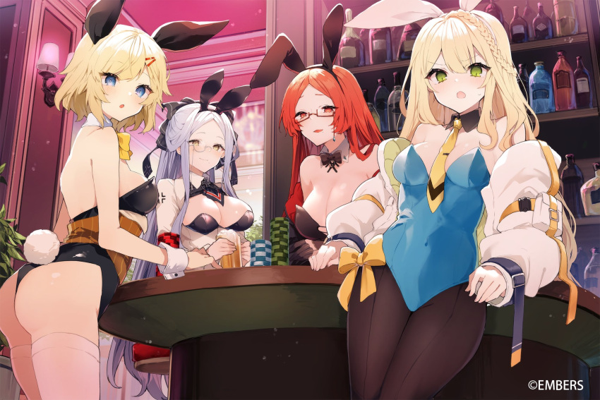 4girls :o animal_ears ash_arms ass back bangs bare_shoulders black_leotard blonde_hair blue_eyes blue_leotard bow bowtie braid breasts brown_legwear character_name cleavage covered_navel detached_collar fake_animal_ears fake_tail glasses green_eyes hairband highres ikeuchi_tanuma jacket large_breasts leotard long_sleeves medium_breasts monocle multiple_girls necktie off_shoulder official_art open_clothes open_jacket open_mouth pantyhose parted_bangs playboy_bunny rabbit_ears rabbit_tail red_eyes red_hair semi-rimless_eyewear strapless strapless_leotard tail thighhighs thighs under-rim_eyewear v-shaped_eyebrows white_hair white_jacket white_legwear yellow_bow yellow_eyes