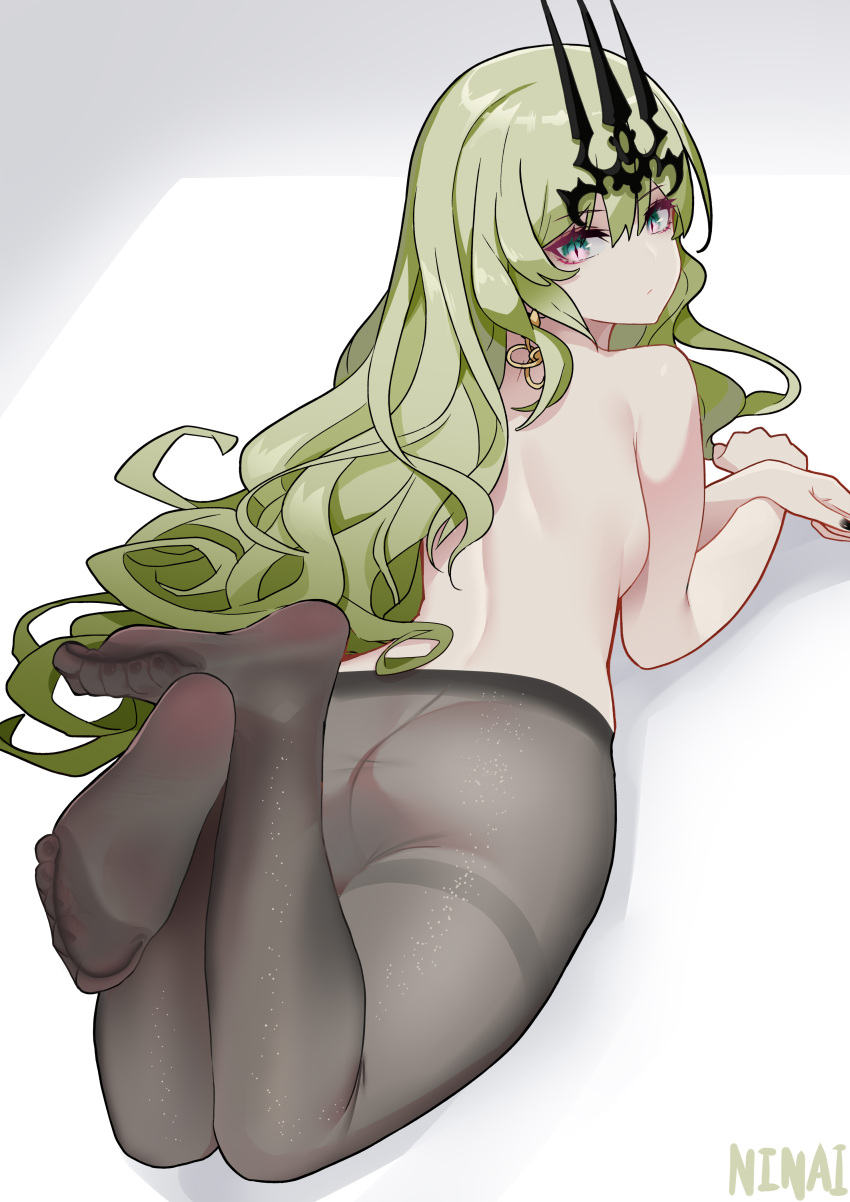 1girl :| absurdres aqua_eyes artist_name ass back bangs black_legwear black_nails closed_mouth crown earrings eyebrows_visible_through_hair feet foot_focus foreshortening full_body gradient_eyes green_hair hair_between_eyes headpiece highres honkai_(series) honkai_impact_3rd jewelry legs_up long_hair looking_at_viewer looking_back lying mobius_(honkai_impact) multicolored_eyes nail_polish ninai no_shoes on_stomach sidelocks slit_pupils soles solo the_pose thighs toenail_polish toenails toes wavy_hair white_background