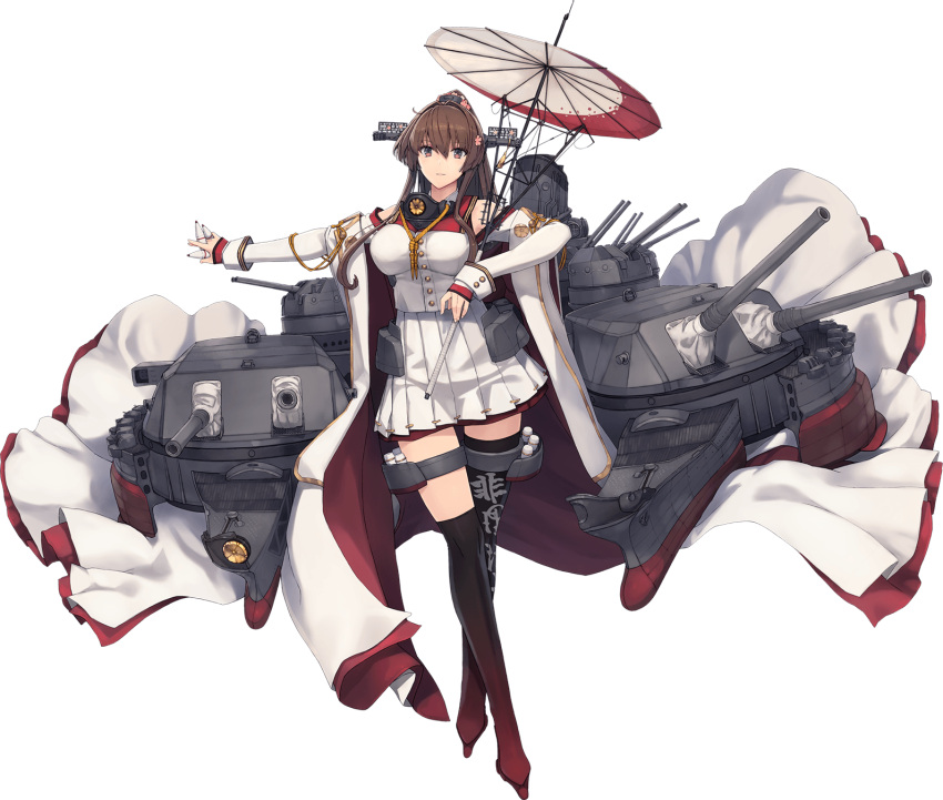 1girl black_legwear boots breasts brown_hair full_body headgear highres kantai_collection large_breasts long_hair machinery official_art oil-paper_umbrella ponytail red_umbrella shizuma_yoshinori solo thigh_boots thighhighs transparent_background turret umbrella yamato_(kancolle) yamato_kai_ni_(kancolle)
